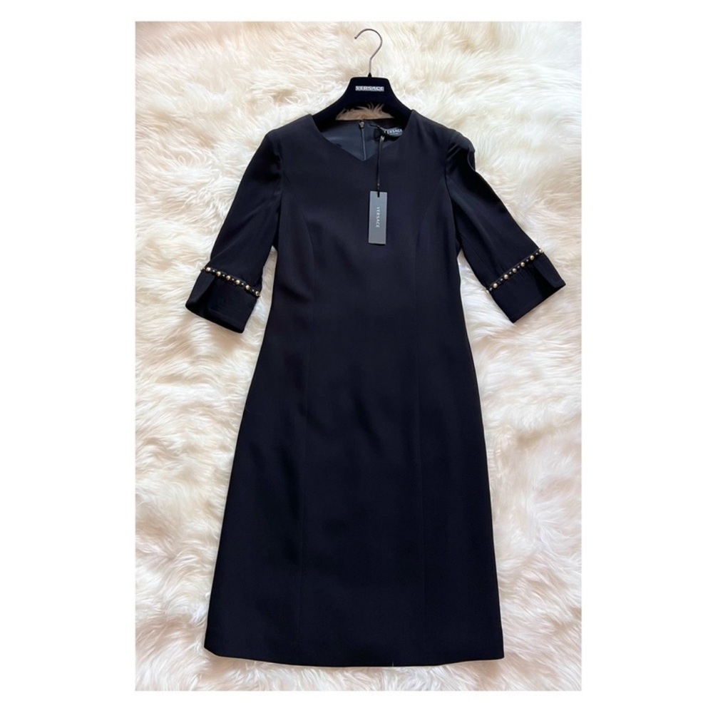 New! VERSACE Logo Studded Sleeve A-Line Dress IT 36